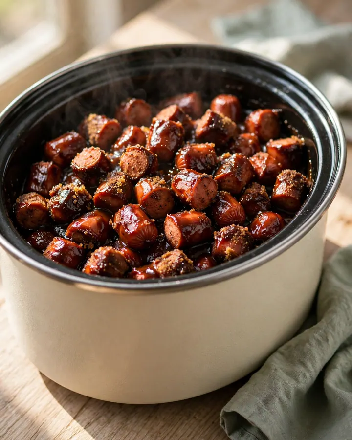 A white ceramic slow cooker filled with glazed hot dog chunks on a wooden counter.