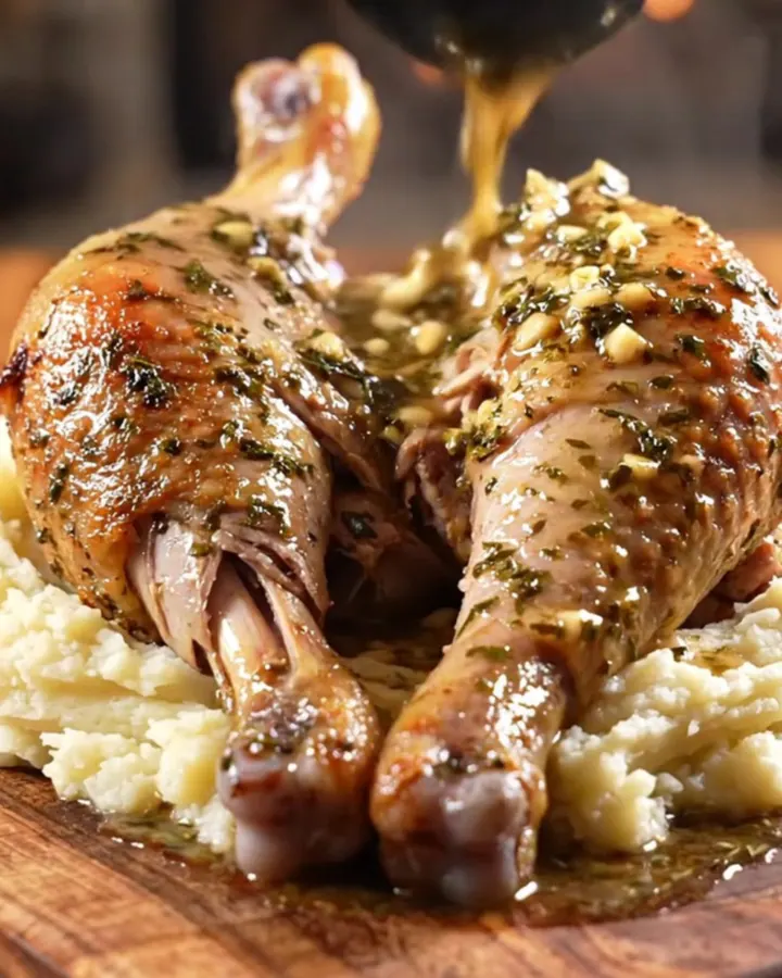 Two roasted turkey drumsticks glistening with herb butter and wine jus in a slow cooker.
