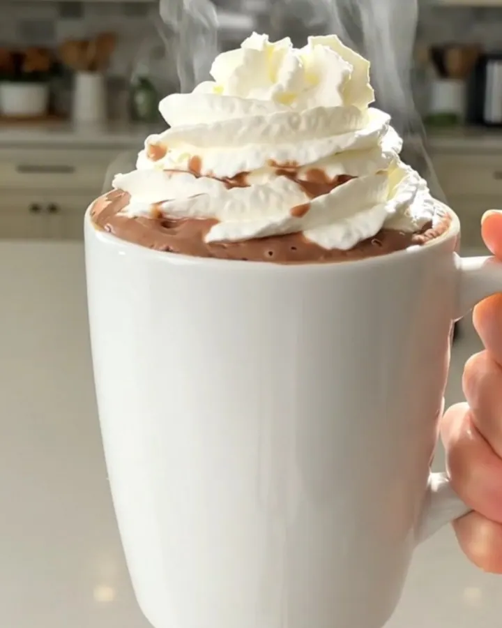 A steaming mug of rich, glossy hot chocolate topped with a swirl of whipped cream on a white countertop.