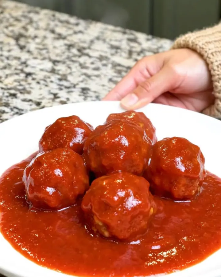 A serving spoon lifting saucy turkey meatballs from a black slow cooker insert.