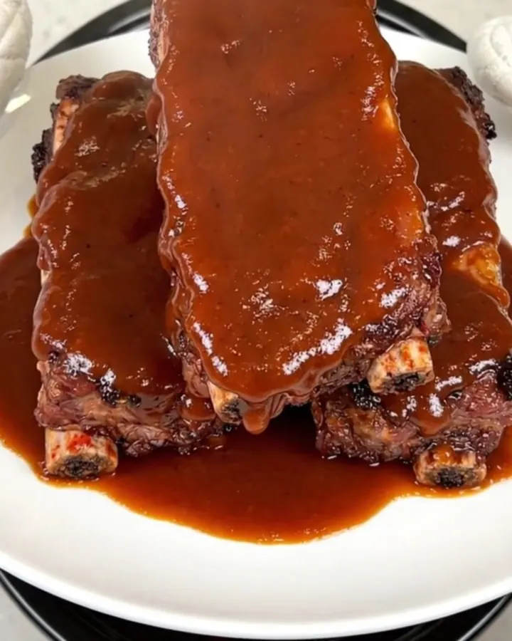 A close-up of glossy, smoky chipotle barbecue ribs on a white plate.