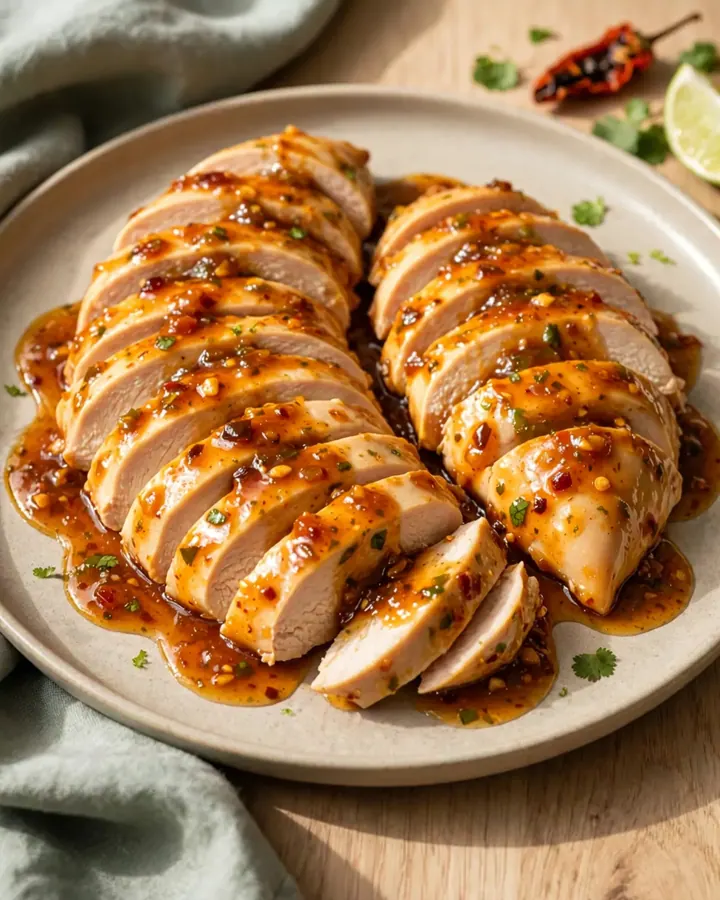 A close-up of tender, cooked chicken breasts glazed in a rich, orange-red smoky honey lime sauce inside a black slow cooker.