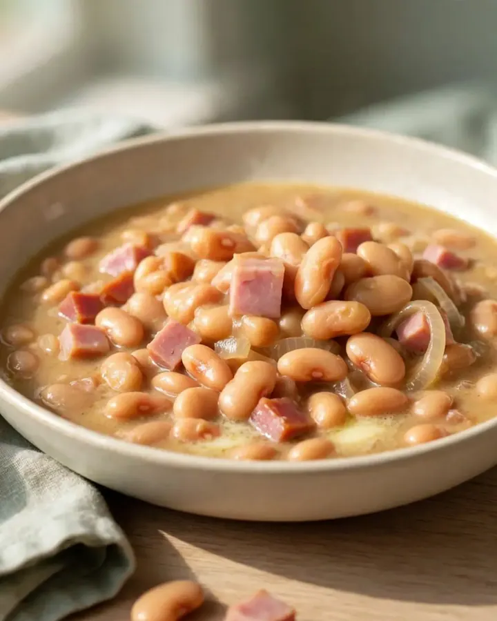 A shallow white bowl filled with creamy butter beans, tender ham cubes, and onion in a savory broth.