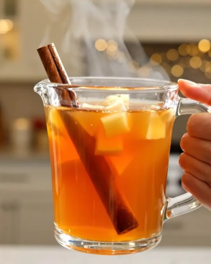 A clear glass mug filled with steaming hot apple cider, garnished with a cinnamon stick, sitting on a table.