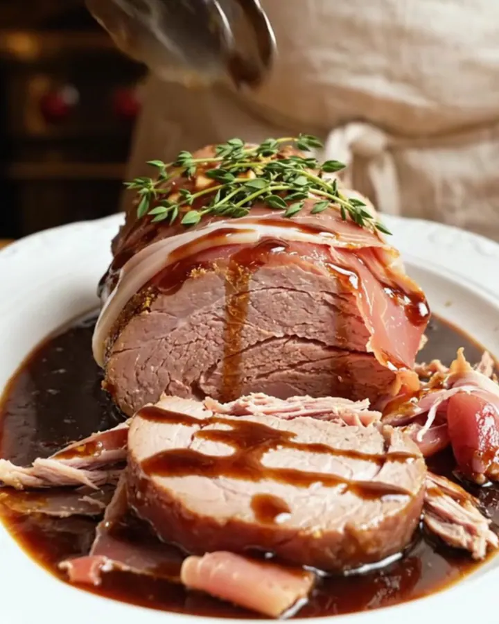 A beautifully glazed prosciutto-wrapped pork loin served on a white platter with fresh thyme.