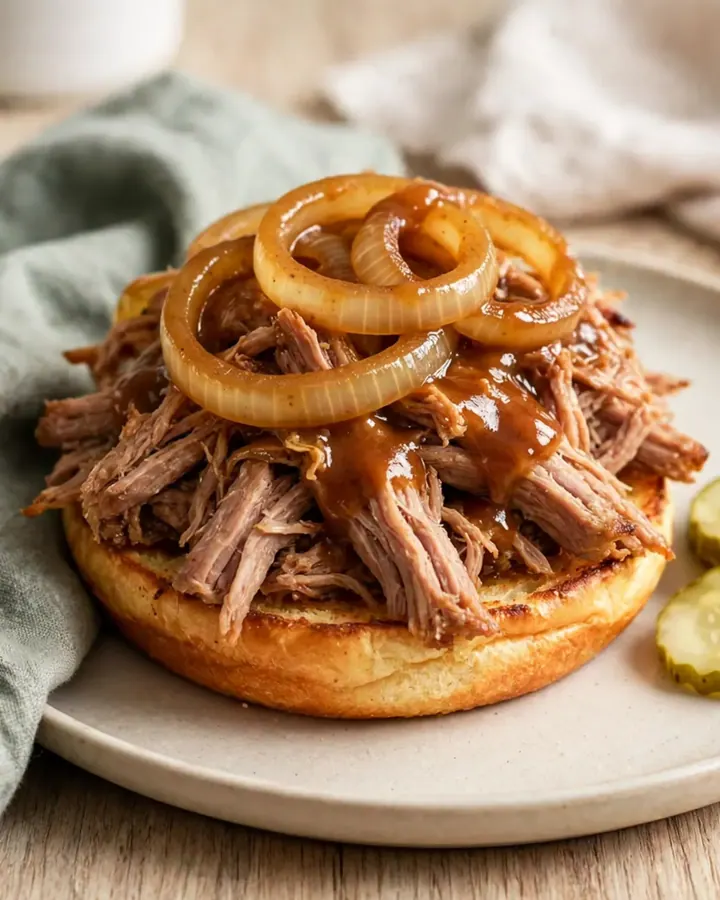 A close-up view of succulent Texas-style pulled pork served in a slow cooker.