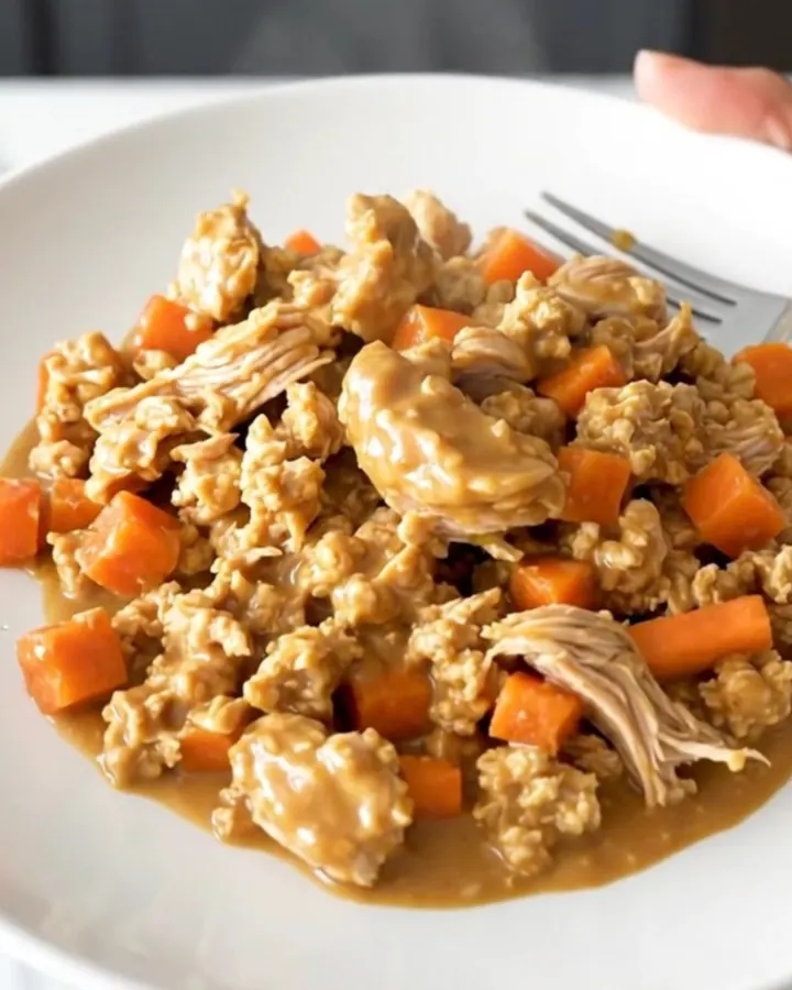 A top-down view of a slow cooker filled with ground turkey, shredded carrots, and creamy peanut sauce.