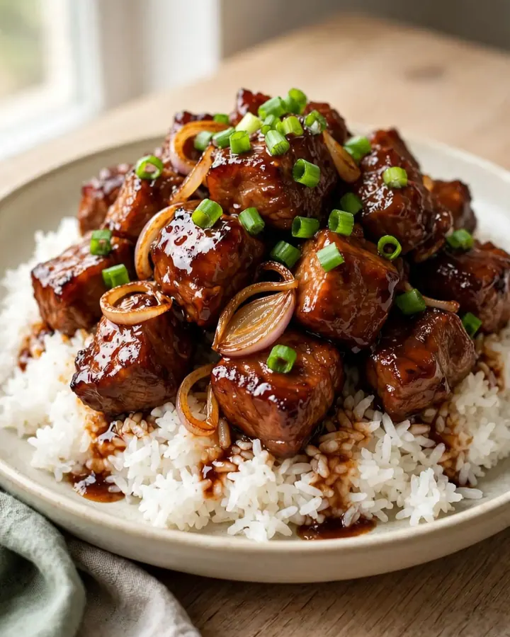 A close-up shot of glossy, caramelized pork cubes served on a white plate and garnished with fresh green scallions.