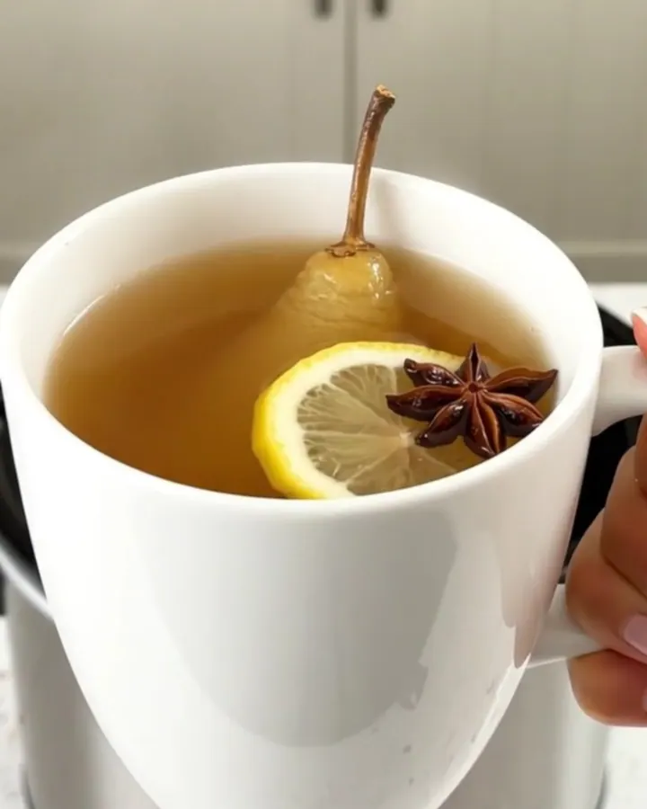 A steaming mug of spiced pear juice with a cinnamon stick and star anise, set against a blurred kitchen background.