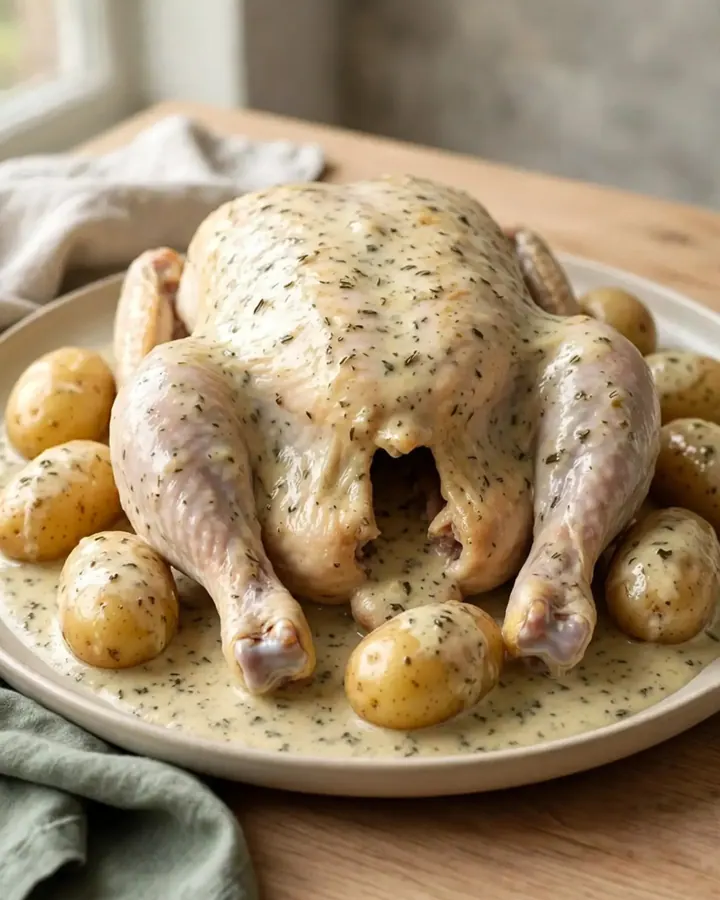 A whole cooked chicken and halved baby potatoes in a creamy herb gravy served on a white plate.