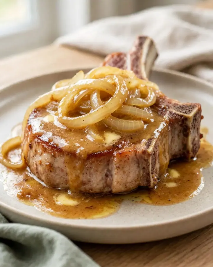 Four bone-in pork chops in a slow cooker covered with onions and a rich, buttery sauce.