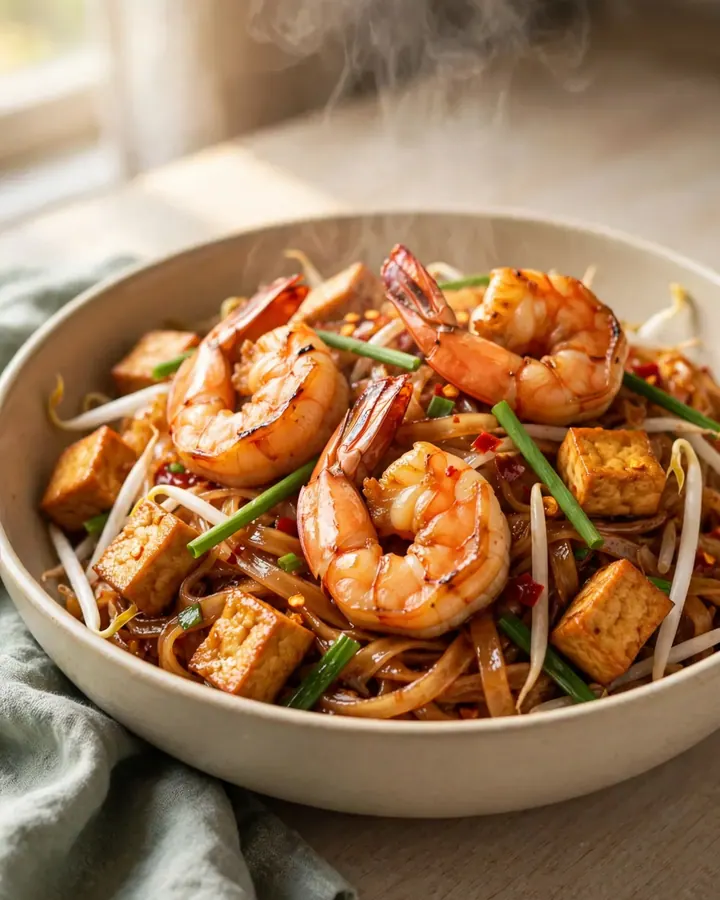 A close-up of smoky Pad Thai with tiger prawns in a hot wok.