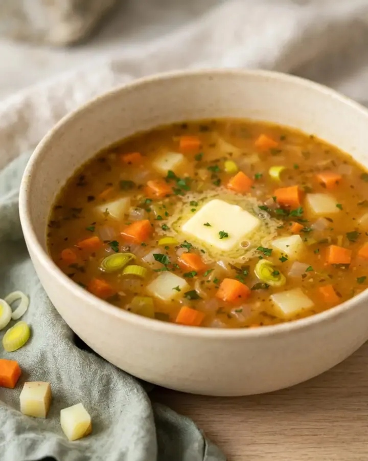 Bol de soupe aux légumes automnaux fumante avec une noisette de beurre fondant sur le dessus.