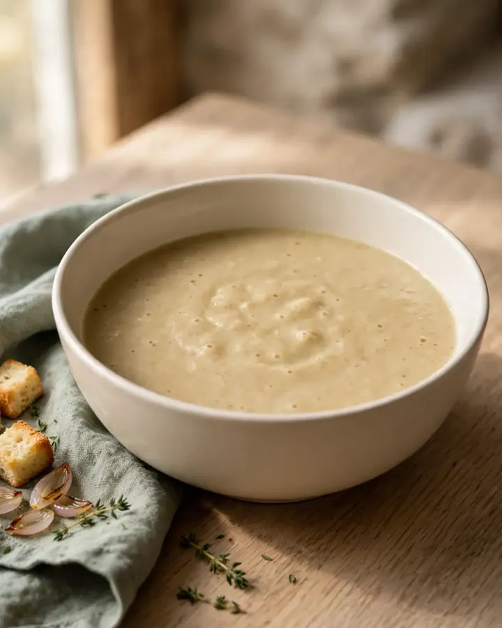 Soupe veloutée de topinambours et pommes de terre dans un bol blanc sur fond neutre