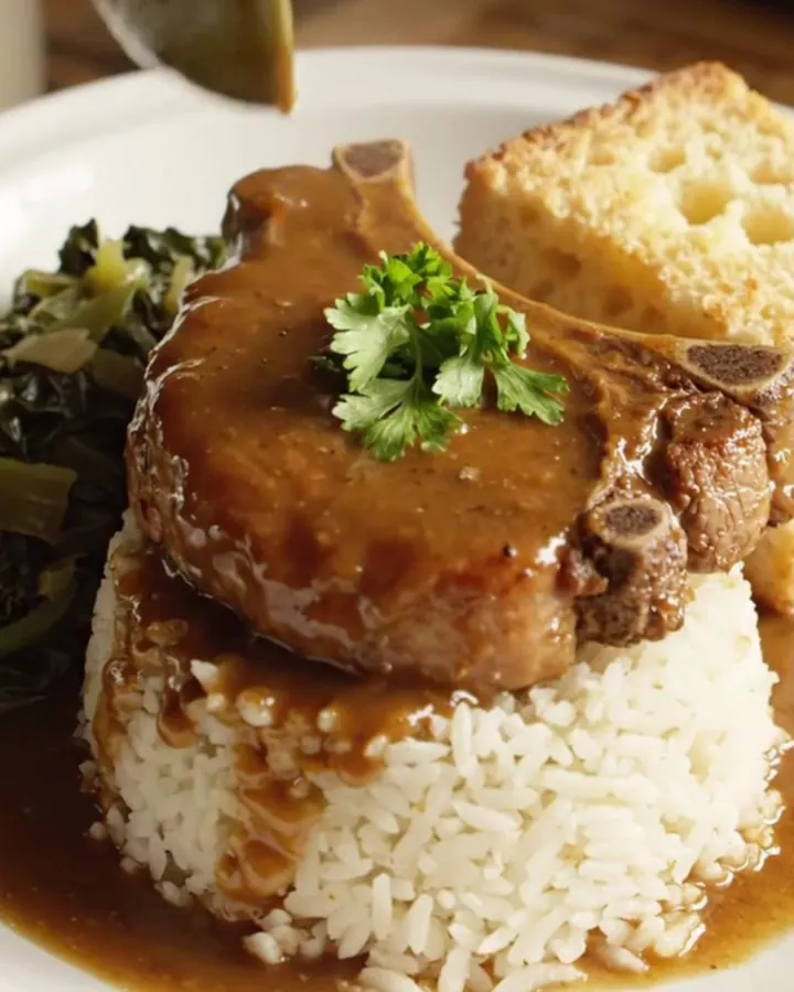 A close-up of tender bone-in pork chops smothered in a rich, dark brown onion gravy, served on a plate.