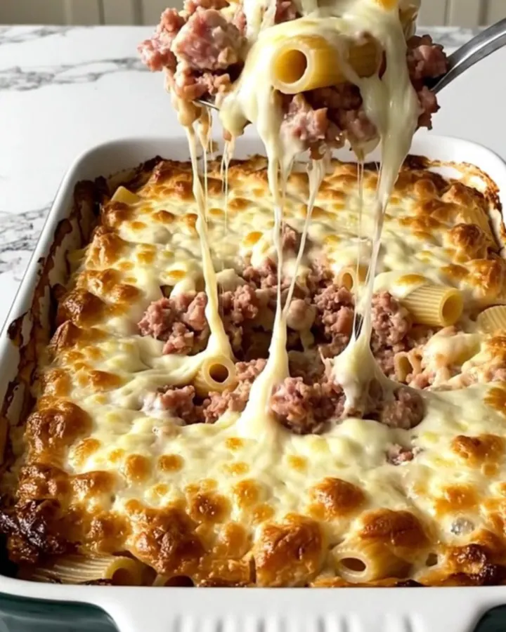 A top-down view of a rectangular baking dish filled with raw rigatoni, sausage crumbles, and creamy vodka sauce.