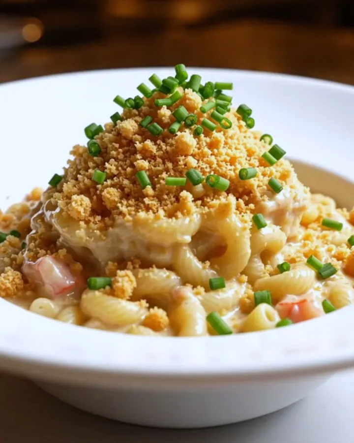 A decadent serving of lobster and crab mac and cheese in a bowl, topped with buttery cracker crumbs and fresh chives.