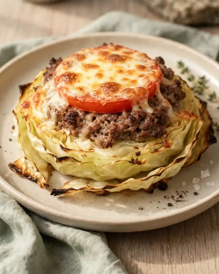 Steak de chou rôti au bœuf haché et fromage gratiné sur une plaque de cuisson