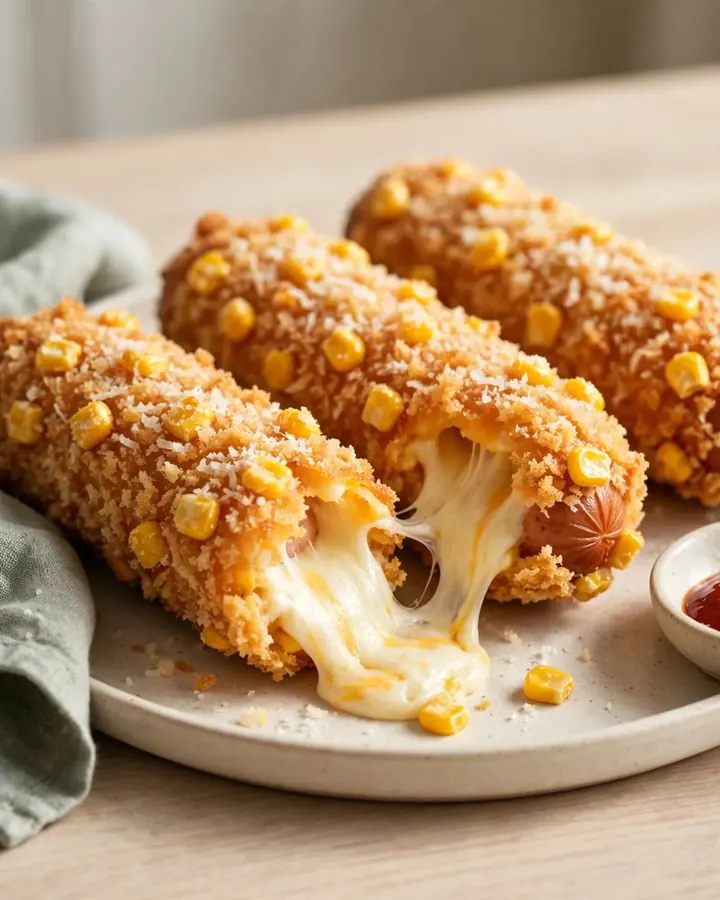 A crispy Korean-style corn dog with a golden crust of sweet corn kernels and Panko, drizzled with honey mustard.