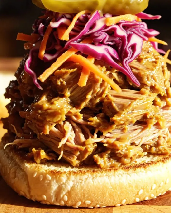 A close-up of tender pulled pork glistening with golden mustard barbecue sauce on a sesame bun.