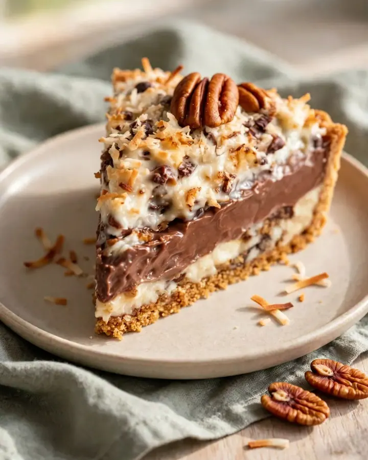 Une part de tarte chocolat pécan sans sucre crémeuse reposant sur une assiette bleue.
