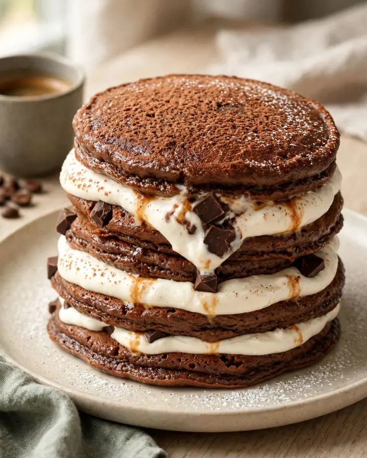 A stack of fluffy Tiramisu pancakes topped with whipped mascarpone and a dusting of cocoa powder.
