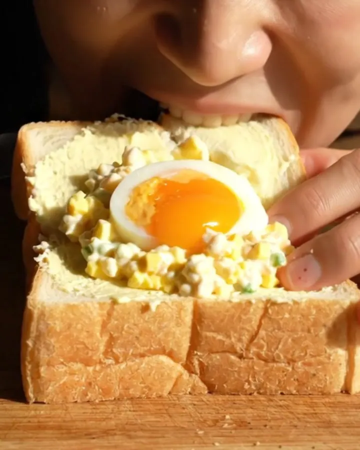 A close-up view of a perfectly cut Tamago Sando showing a jammy egg center and creamy egg salad.