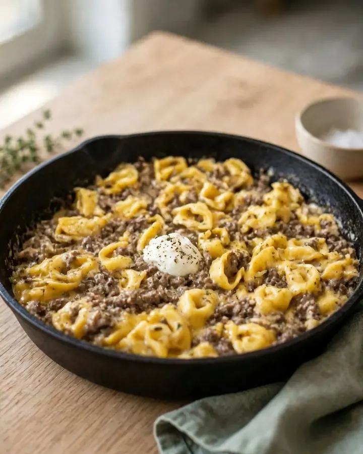 Gros plan sur une fourchette soulevant un tortellini enrobé de sauce crémeuse au bœuf avec une goutte de sauce.