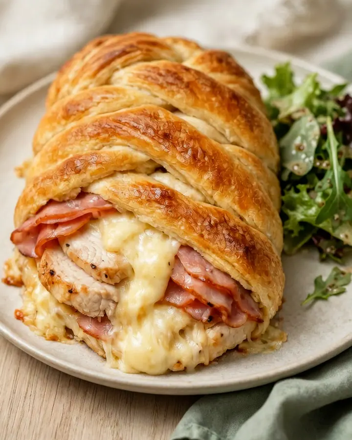 Une tranche de tresse feuilletée dorée montrant le poulet, le jambon et le fromage fondant à l’intérieur.