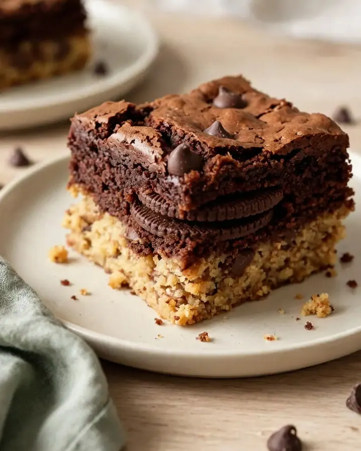 Triple layer cookie brownie bars showing distinct layers of cookie dough, sandwich cookies, and fudgy brownie.