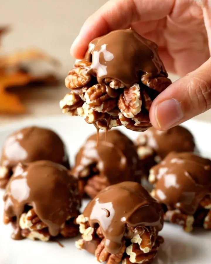 A close-up of finished Turtle Pecan Clusters showing the layered pecan, caramel, and chocolate on a white plate.