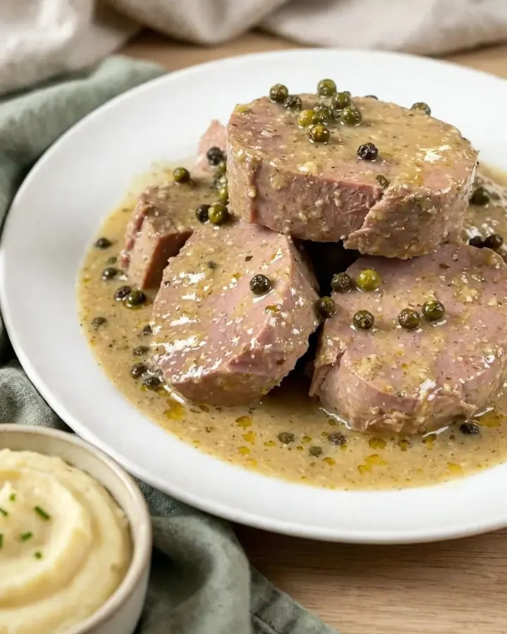 Veau à la crème et au poivre vert servi dans une assiette blanche, sauce onctueuse et viande tendre.