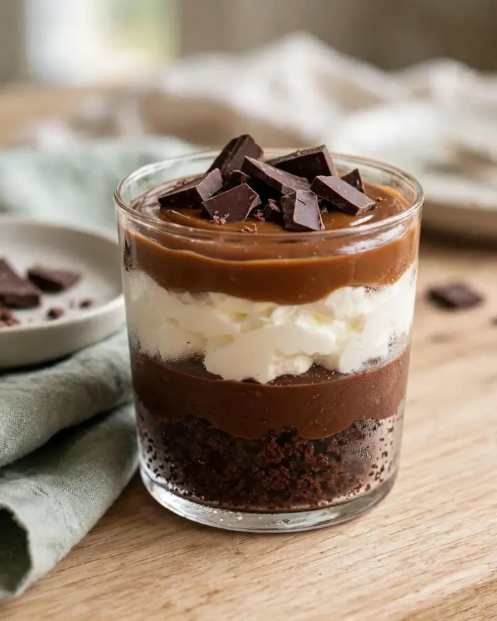Verrine carrée en verre remplie de couches de gâteau au chocolat, ganache brillante et chantilly aérienne.