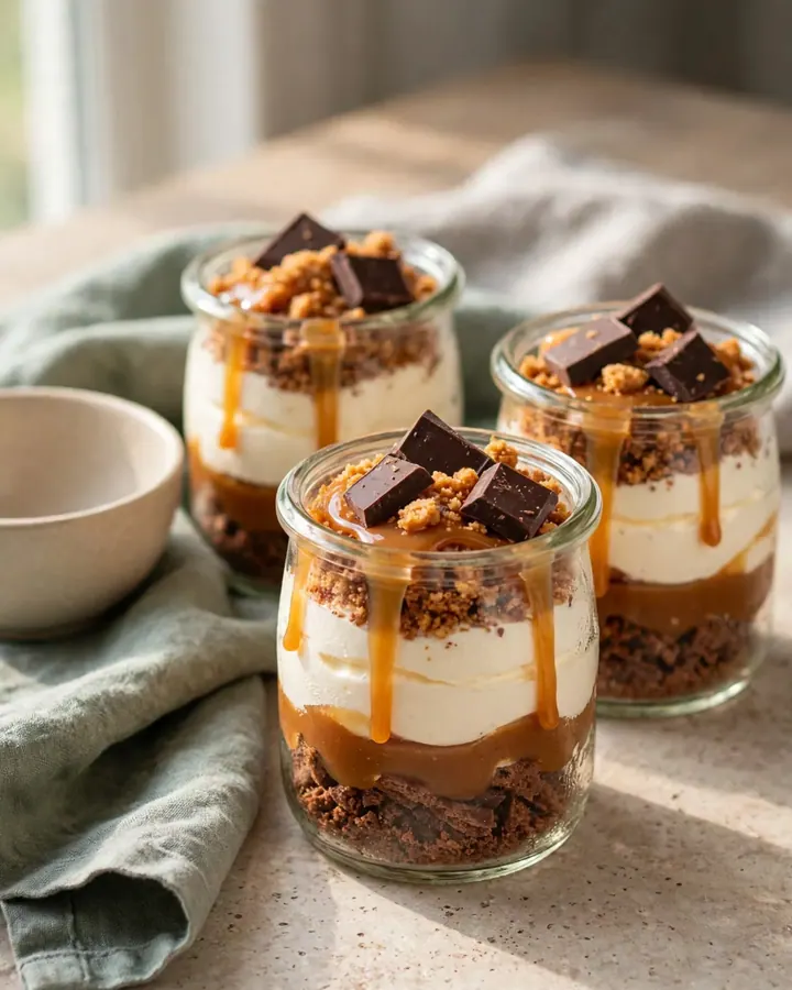 Verrines gourmandes avec couches de crème, caramel coulant et éclats de chocolat noir.
