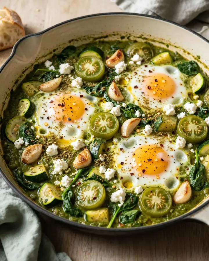 A cast iron skillet filled with green shakshuka, featuring eggs, spinach, and feta, shot in bright morning light.