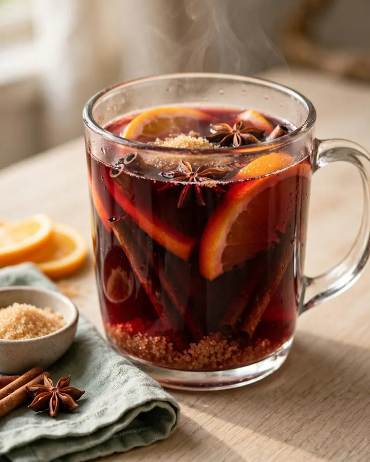 Un mug en verre rempli de vin chaud fumant garni d’une tranche d’orange et d’un bâton de cannelle.