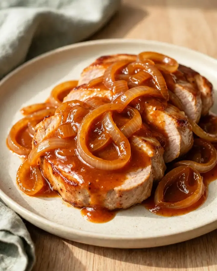 Four thick, cooked pork loin chops covered in a rich, red-orange Catalina sauce and sliced onions.