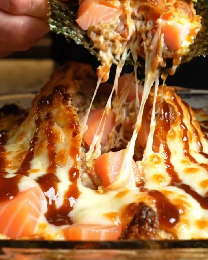 A vibrant volcano salmon sushi bake in a baking dish with golden, bubbling cheese peaks and colorful garnishes.