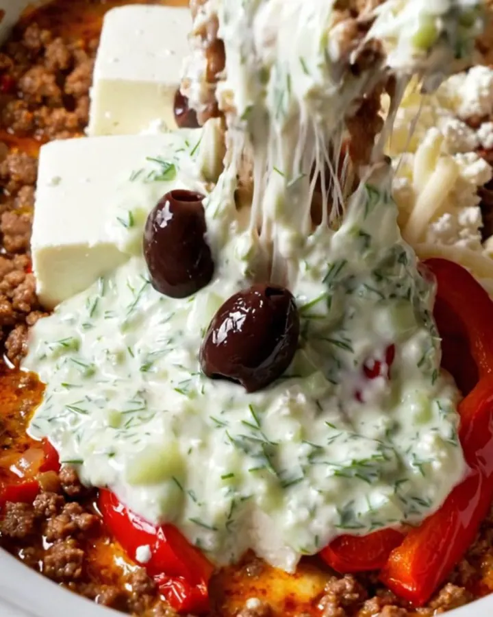 A close-up shot of a warm, bubbling Greek lamb dip in a ceramic slow cooker with a pita wedge scooping some up.
