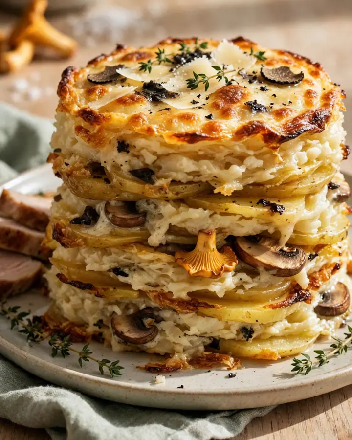 A steaming, golden-brown serving of mushroom and truffle Gruyère scalloped potatoes garnished with fresh thyme.