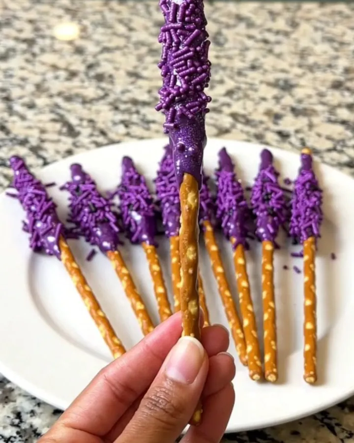 A dozen purple-dipped witch wand pretzel rods arranged neatly on a dark baking sheet.