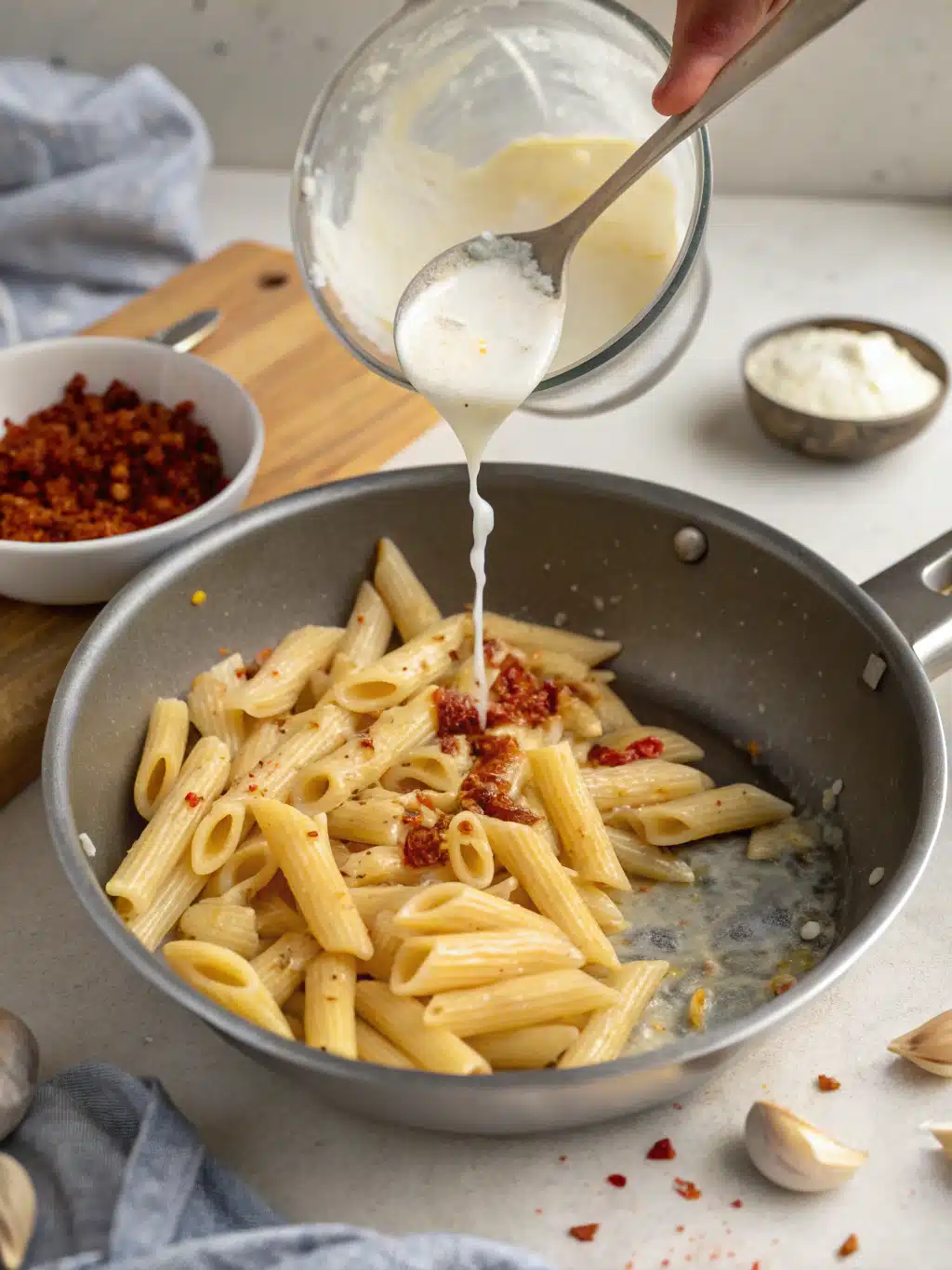 Easy step to make spicy garlic penne Recipe