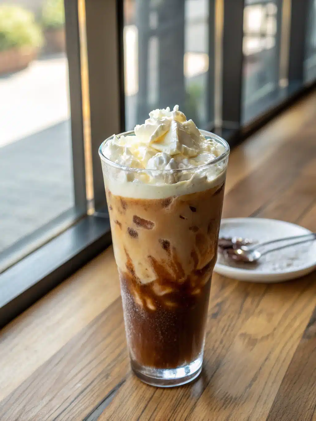 Beautifully served iced coffee drink with garnishes