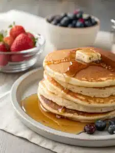 Make fluffy Krusteaz pancakes in minutes with just water, butter, and a touch of vanilla, served warm with maple syrup and fresh berries.