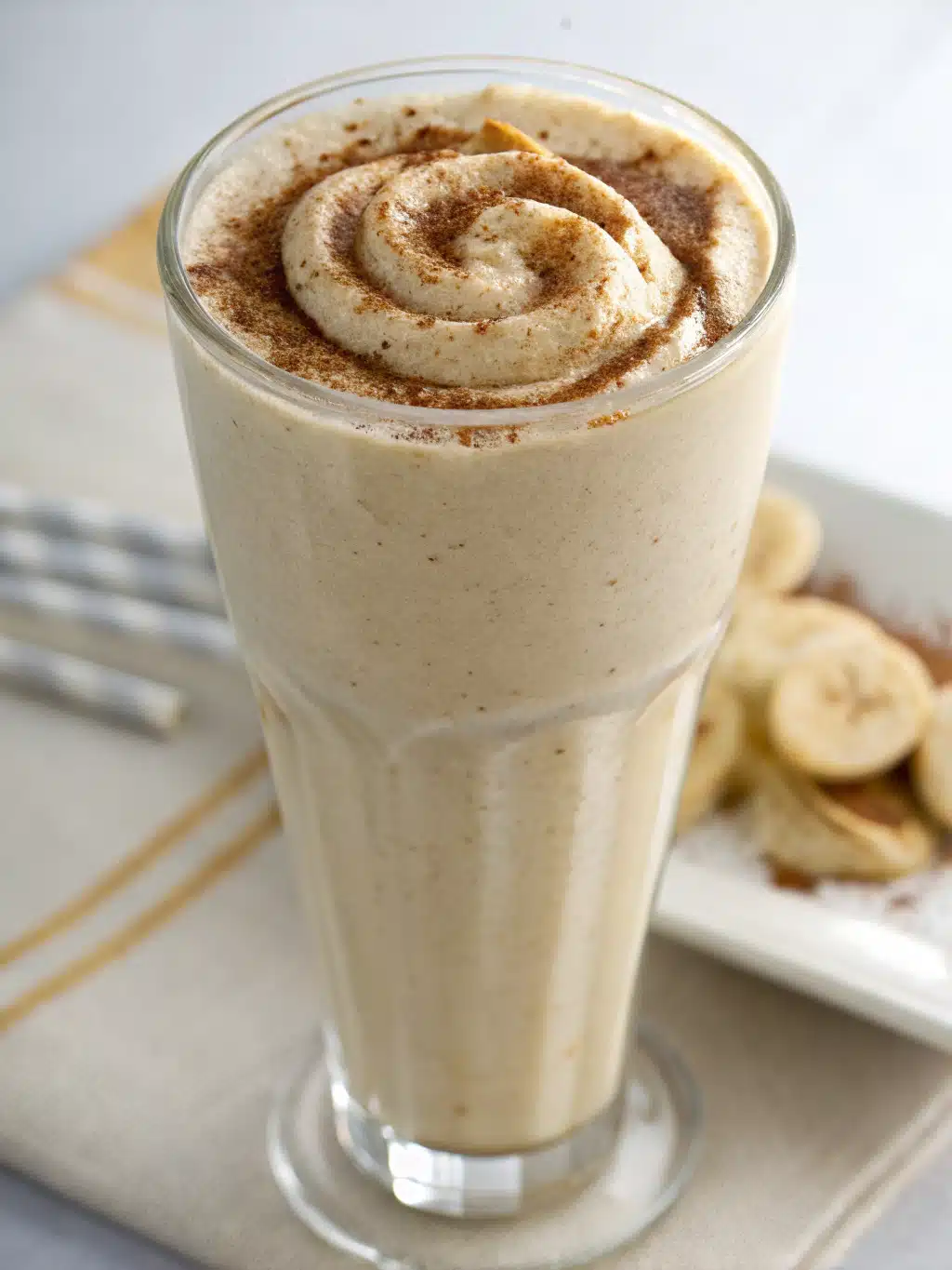 Creamy snickerdoodle protein shake with almond butter and cinnamon—a healthy, protein-packed treat blended with frozen banana for a sweet sip.