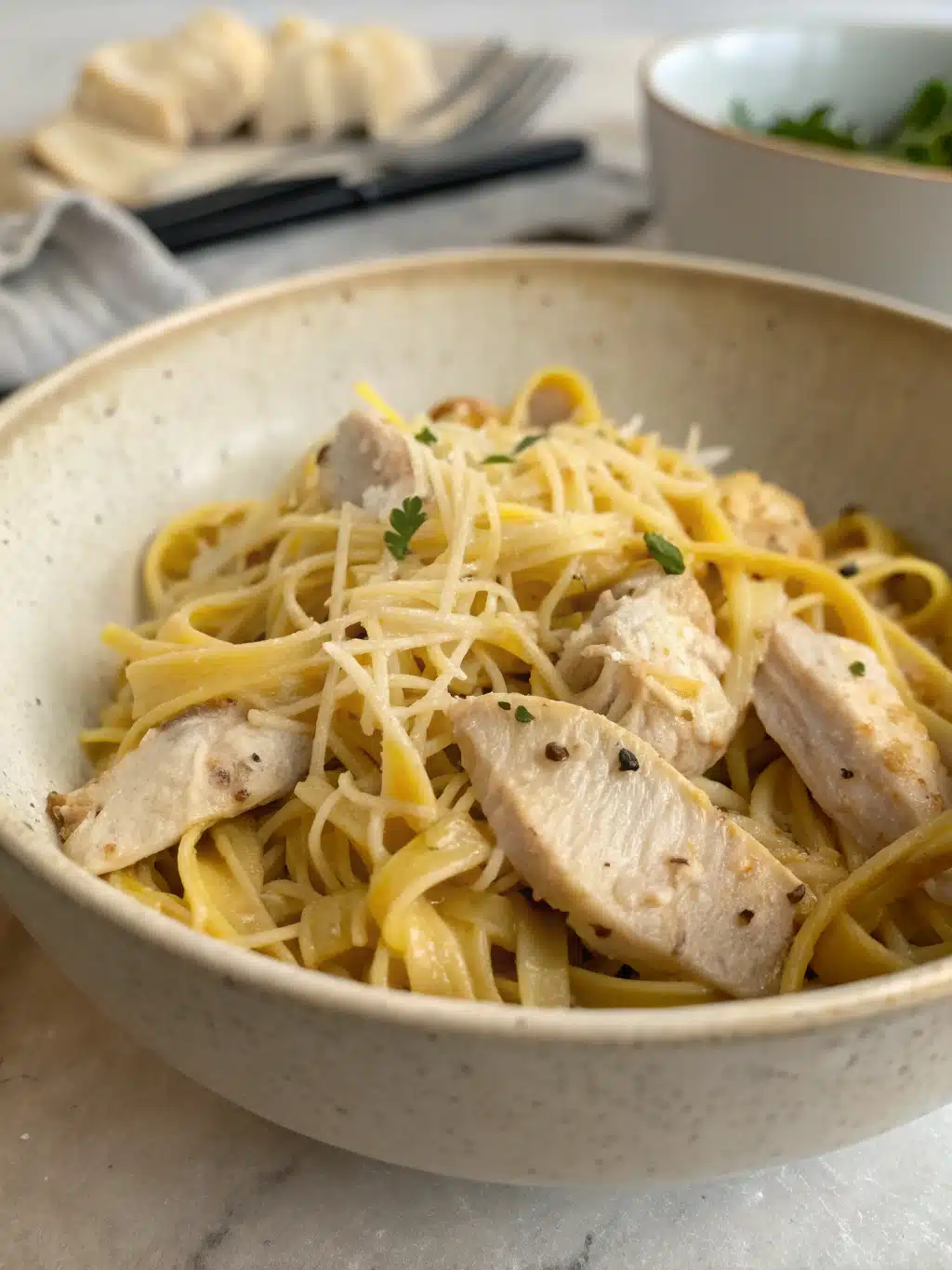 Family sharing stuffed chicken noodles from a rustic skillet