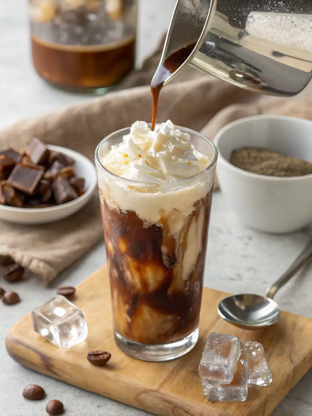 Finished homemade iced coffee drink with whipped cream