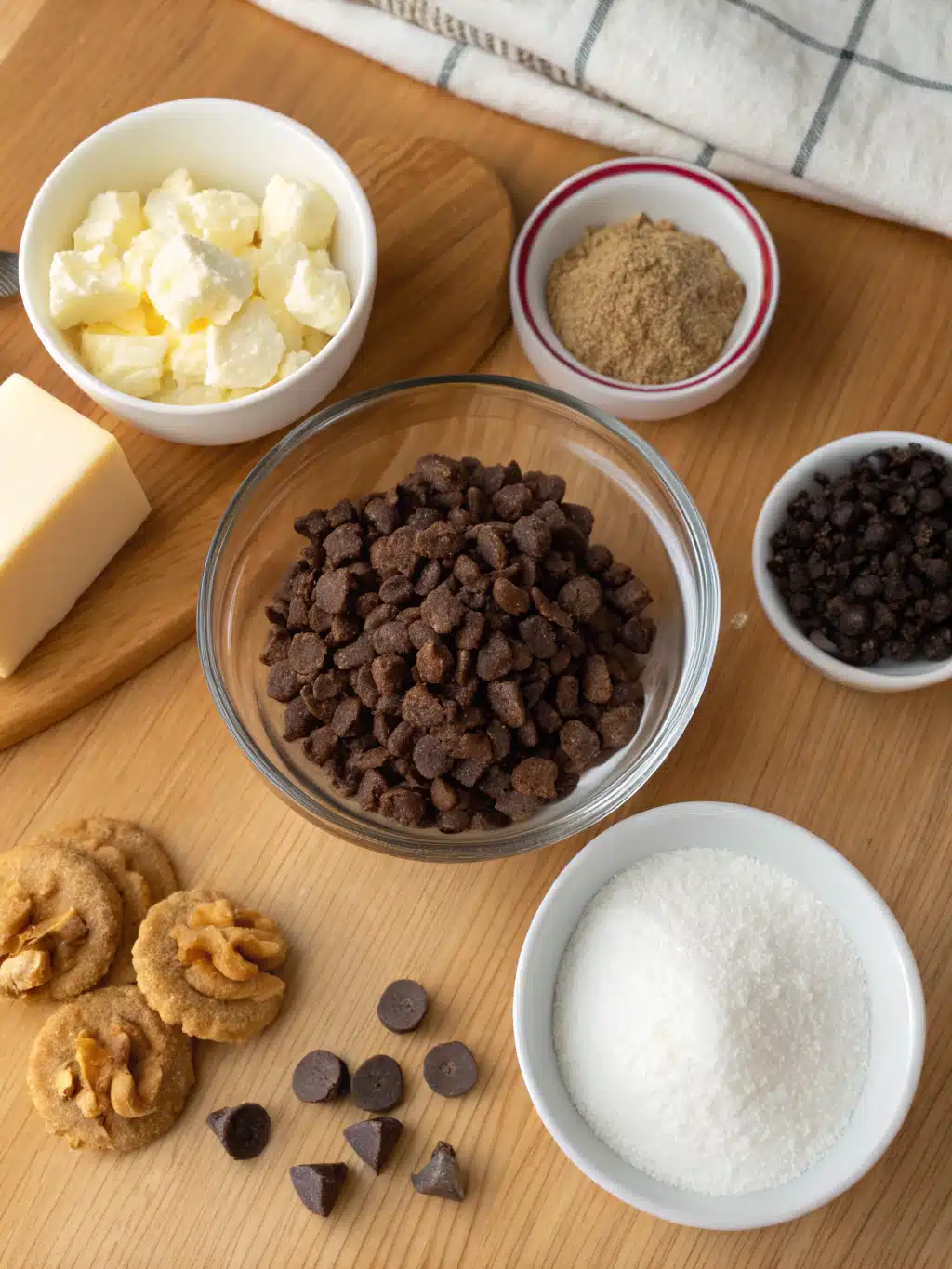 Gather these simple ingredients for Dubai chocolate bars Ingredients for homemade Dubai chocolate bar recipe with chocolate chips, walnuts, and coconut