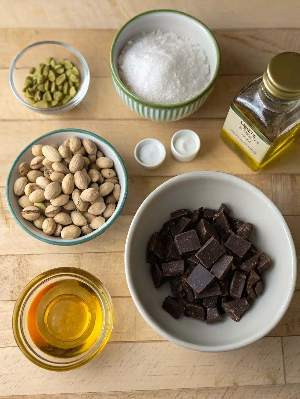 Pistachios, chocolate, and honey ready for mixing Fresh ingredients for homemade Dubai pistachio chocolate bar