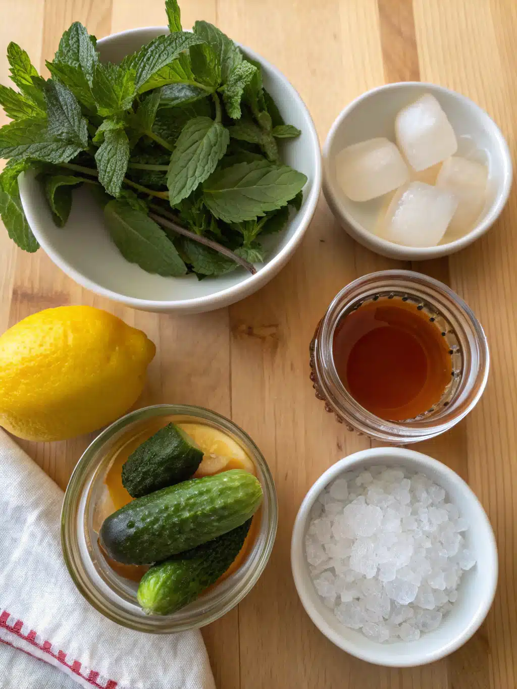 Fresh ingredients for homemade pickle lemonade drink